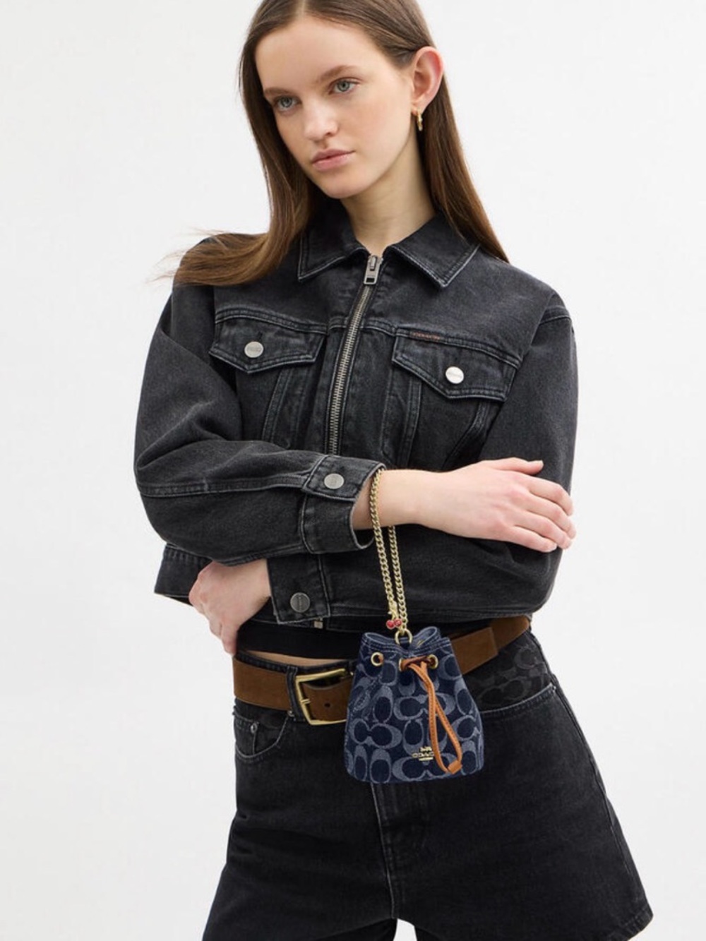 Coach Mini Signature Denim Bucket Bag with Tan Leather Trim - Picture 2 of 4